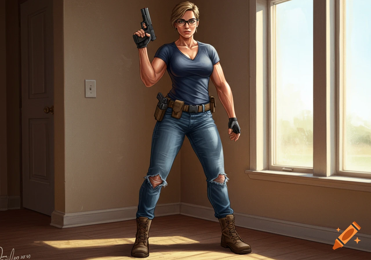 A muscular woman with short hair and glasses stands indoors holding a handgun, wearing a dark t-shirt, ripped jeans, and boots. Digital illustration.
