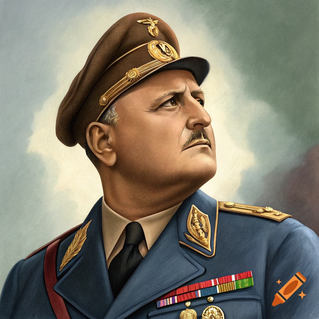 Detailed painting of a man in a brown military cap and blue uniform adorned with medals, looking intently upwards.