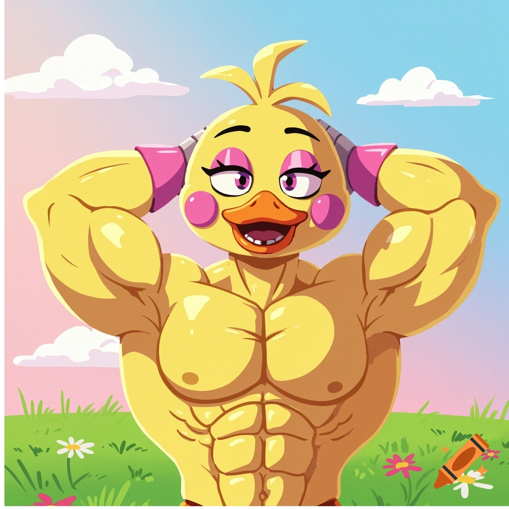 A muscular, yellow cartoon chicken character with pink cheeks and accessories flexing its arms in a grassy field under a blue and pink sky.