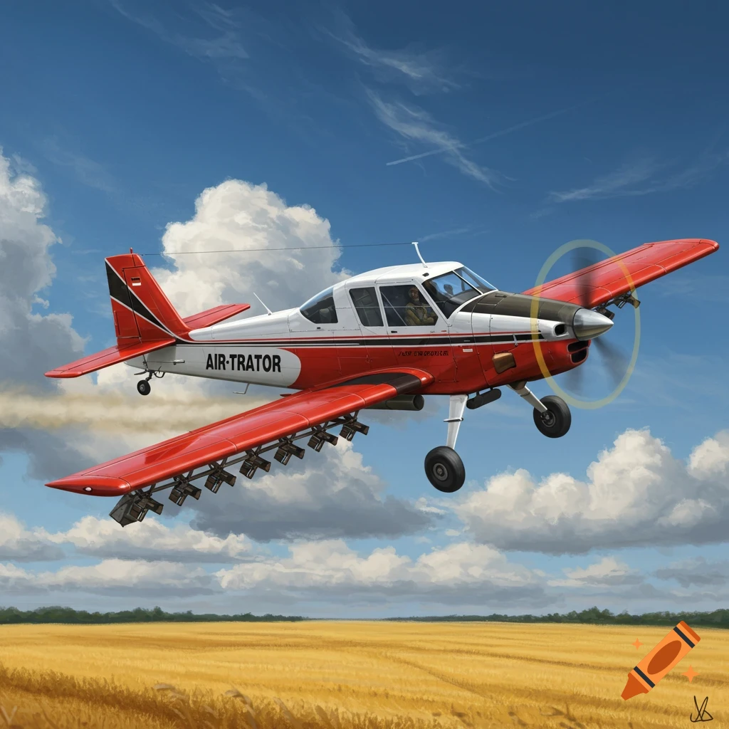 A red and white crop duster airplane with a spinning propeller flies low over a golden wheat field under a blue sky with white clouds.