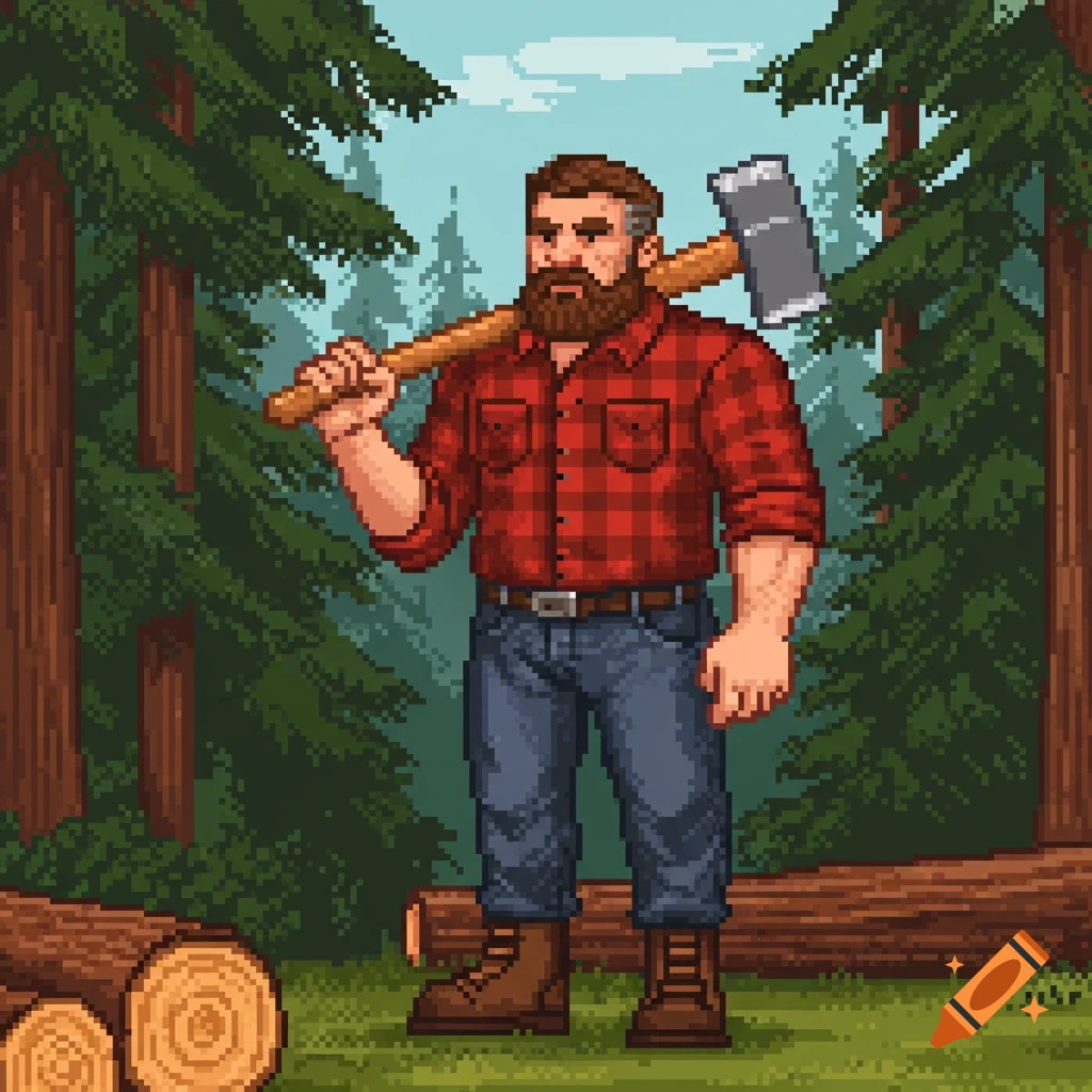 Pixel art of a bearded lumberjack in a red plaid shirt, holding an axe over his shoulder in a forest.