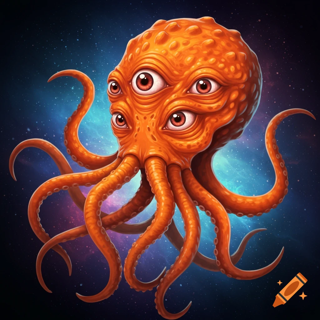 A vibrant orange, six-eyed, octopus-like alien creature floats in a cosmic blue and purple galaxy.