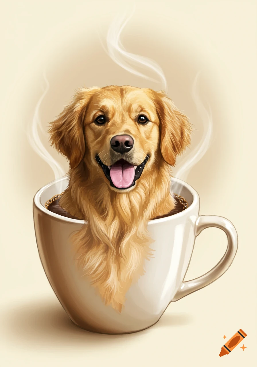 A cheerful golden retriever dog peeking out of a white coffee cup with steam rising, illustrated in digital art style.