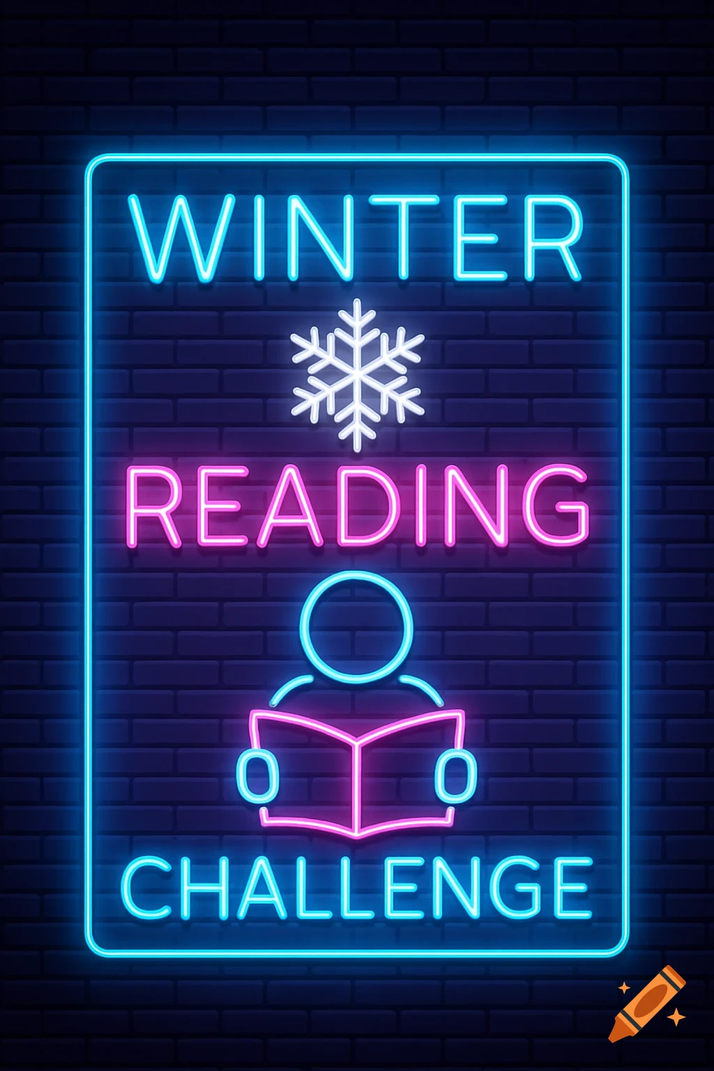 A neon sign on a brick wall reading 'WINTER READING CHALLENGE' in blue and pink, with a snowflake and a person reading a book icon.