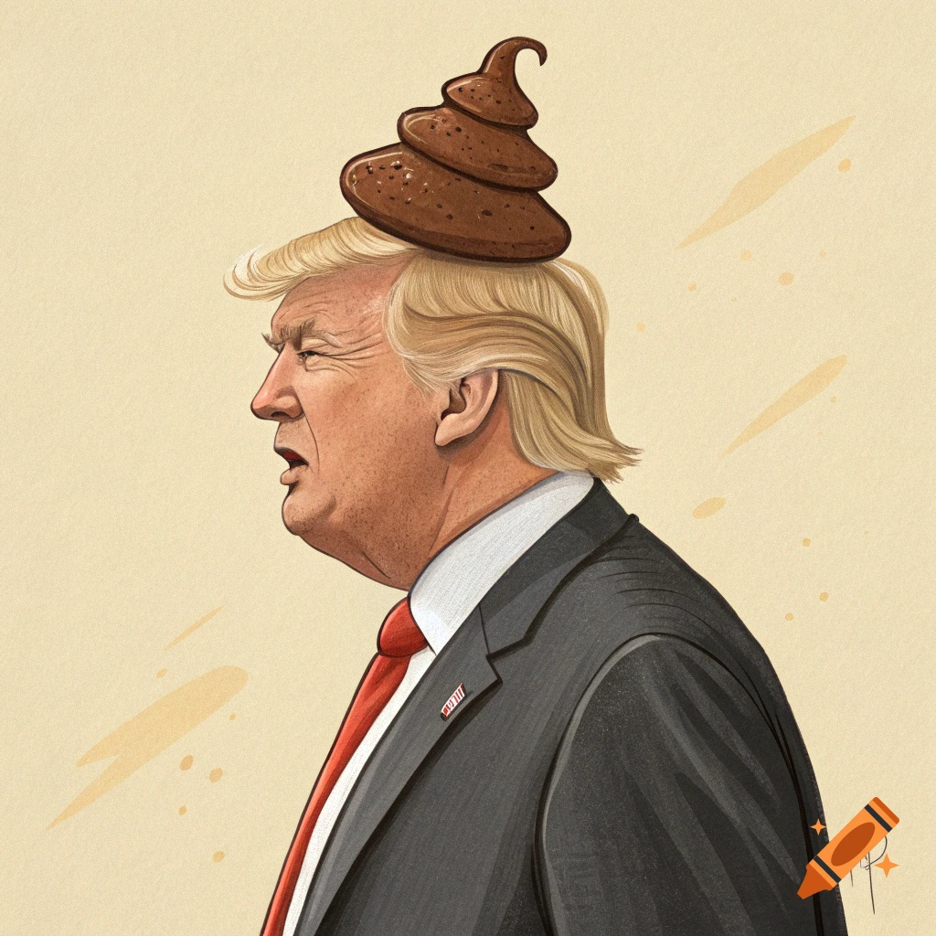 Cartoon illustration of Donald Trump in profile, with a pile of brown turd on his head.