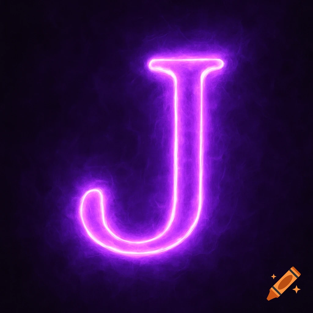 A neon purple capital letter J glowing against a dark background.