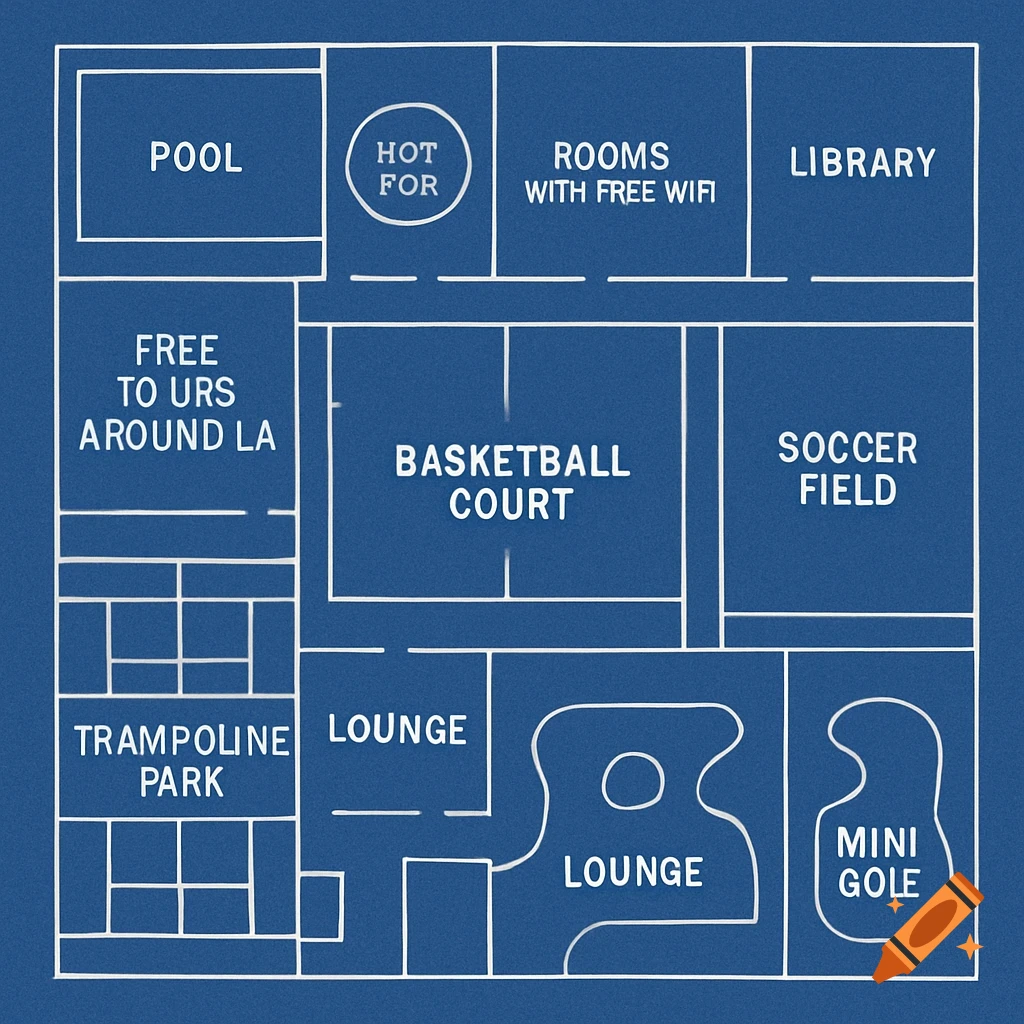A blue blueprint-style floor plan with white outlines and labels for different amenities like a pool, basketball court, soccer field, and lounges.