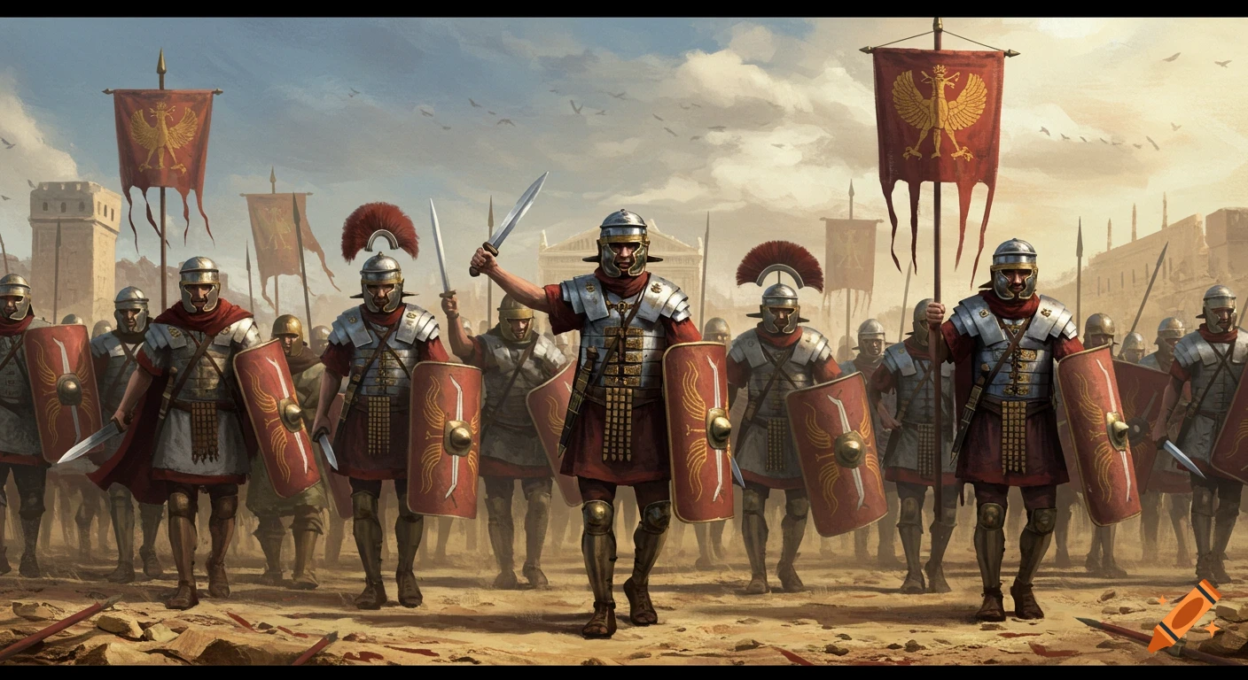 Roman soldiers in armor with swords and standards march forward, with a walled city in the background, in a realistic style.