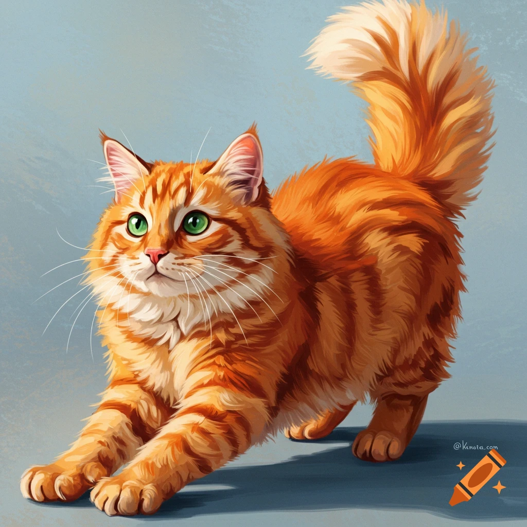 A fluffy orange tabby cat with green eyes stretches on a light blue background, looking towards the viewer.