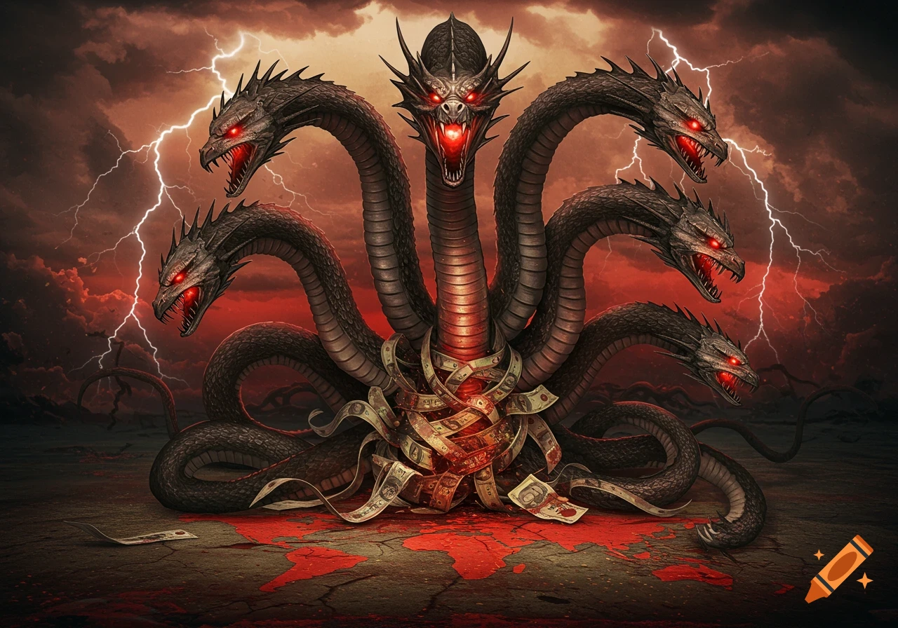 A multi-headed dark hydra-like creature with glowing red eyes is wrapped in dollar bills, standing on a ground splattered with red liquid, under a stormy red sky with lightning.