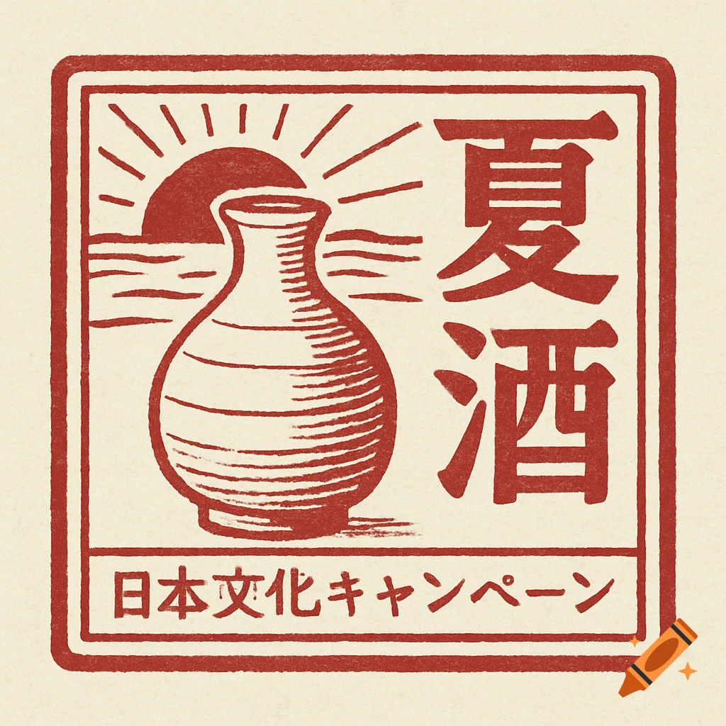 A red and beige woodblock print style logo featuring a sake bottle in front of a rising sun and waves, with Japanese text.