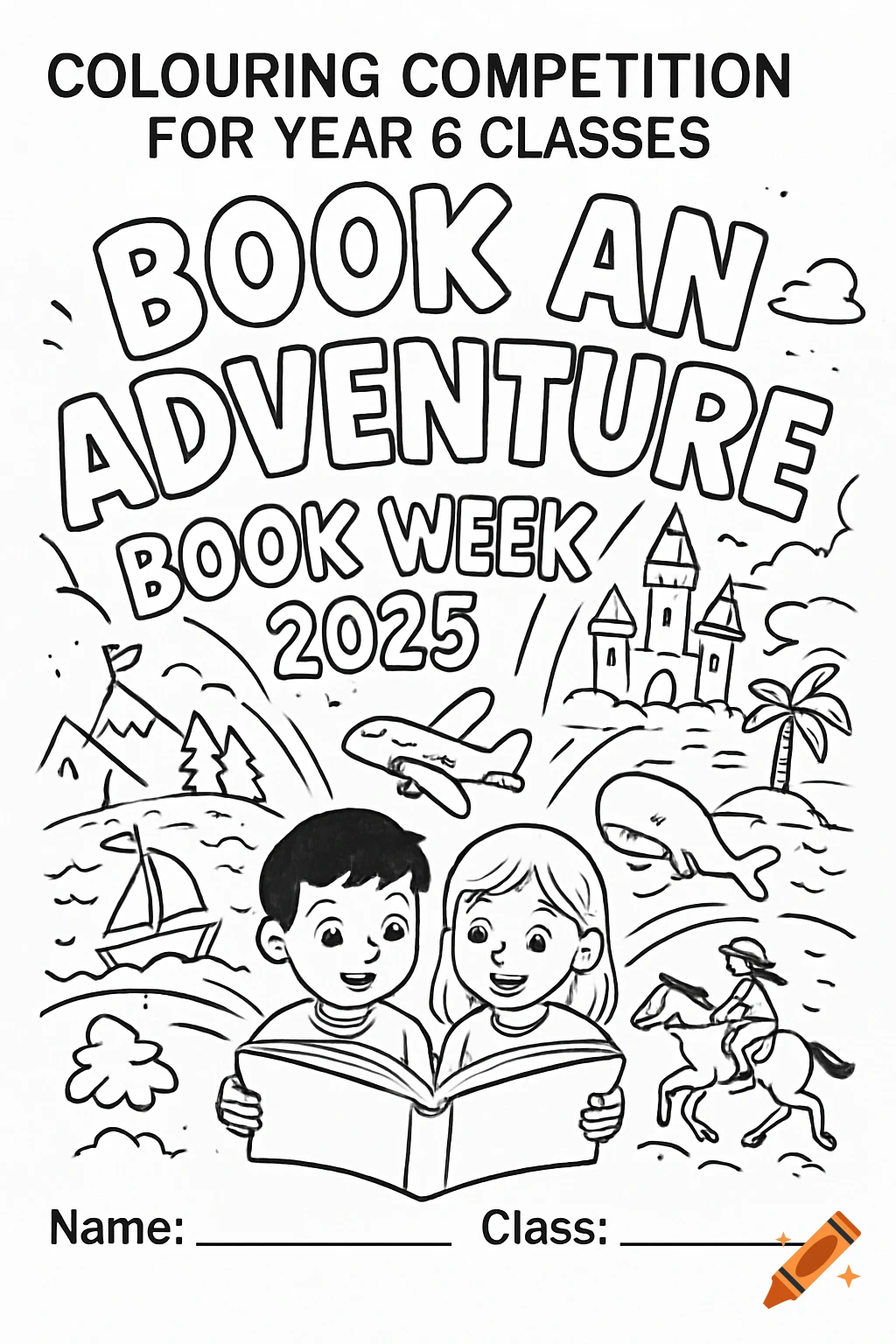 Black and white coloring page for 'Book an Adventure' competition. It features two children reading a book, with whimsical adventure scenes like a castle, whale, plane, and sailboat emerging around them. Includes text for a school competition.