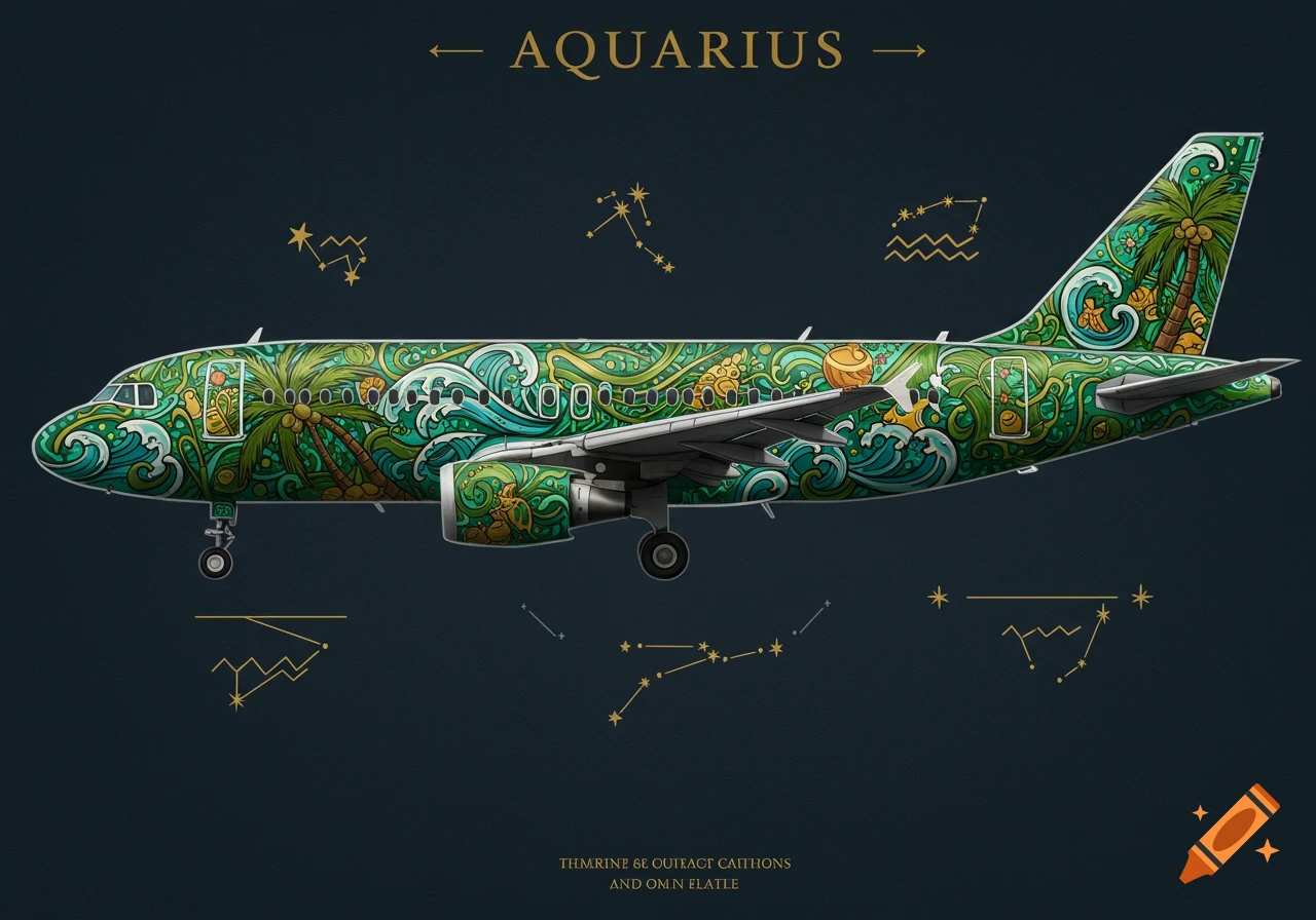 An airplane with a vibrant green and blue tropical-themed livery featuring palm trees and waves, set against a dark background with gold Aquarius constellations and text.