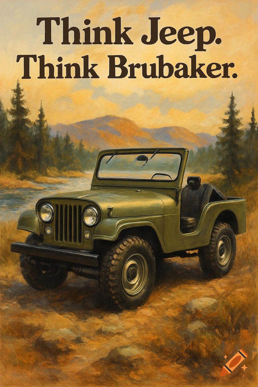 A vintage green Jeep with text "Think Jeep. Think Brubaker" parked on a dirt path next to a river, mountains, and trees. Painterly style.