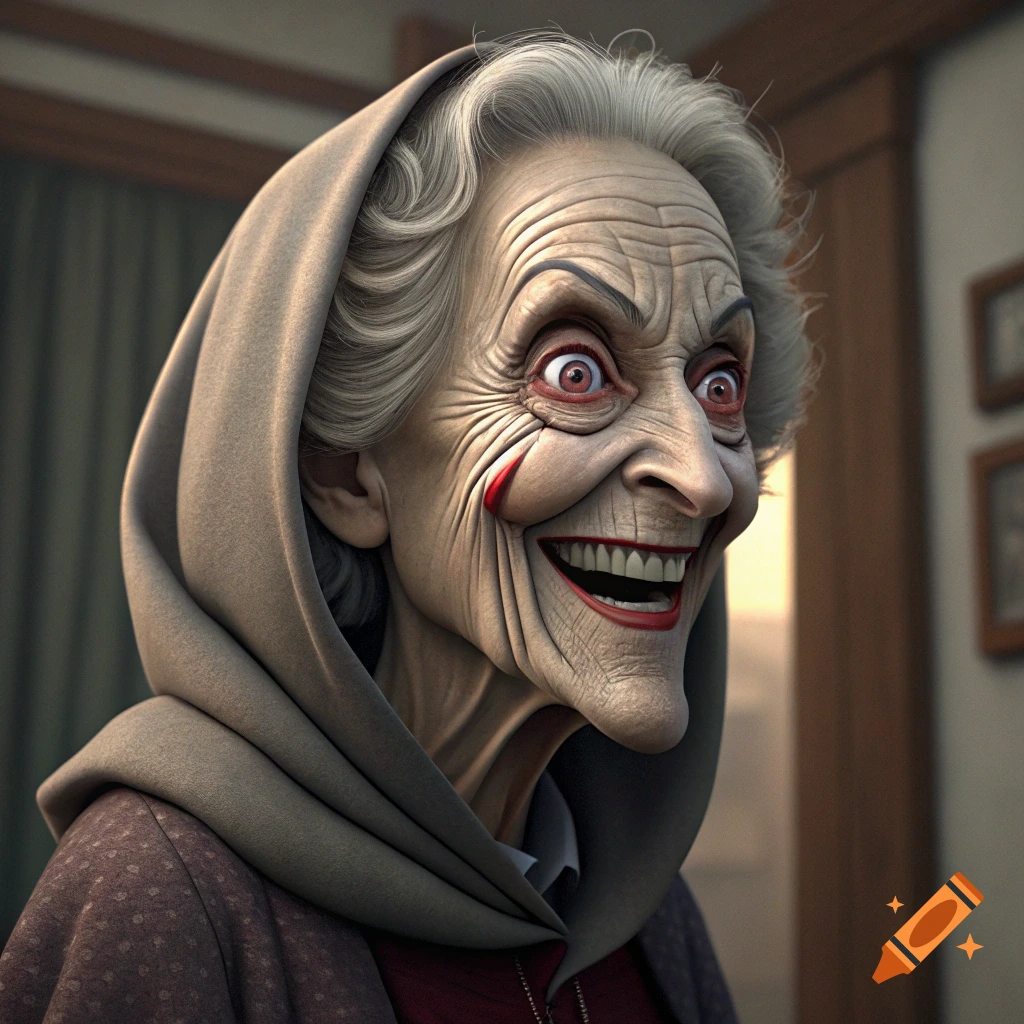 Close-up of a grotesque elderly woman puppet with wide red eyes, deep wrinkles, a wide smile, and a grey head covering.