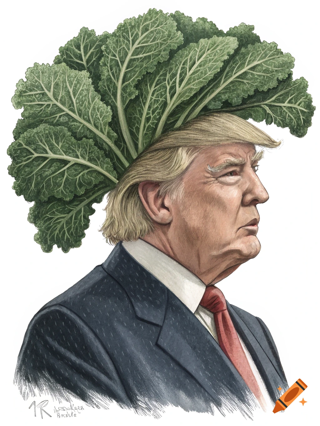 Illustration of Donald Trump with a head of green kale leaves, depicted in profile.