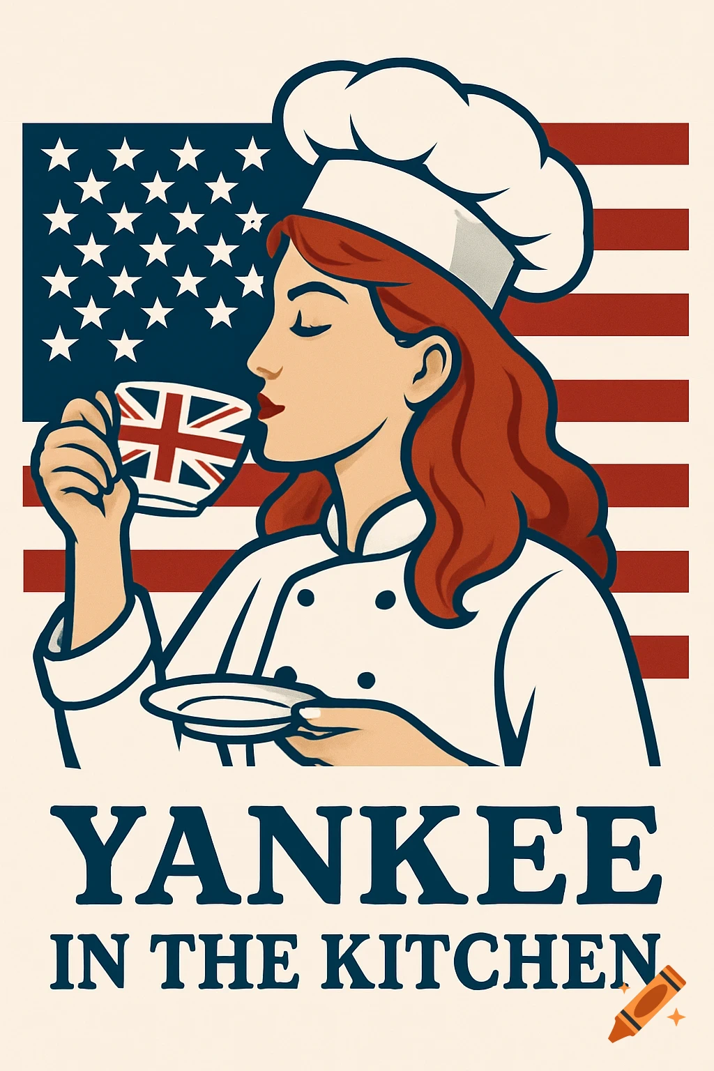 Vintage poster of a redhead chef drinking tea from a Union Jack cup in front of an American flag, text 'Yankee in the Kitchen'.