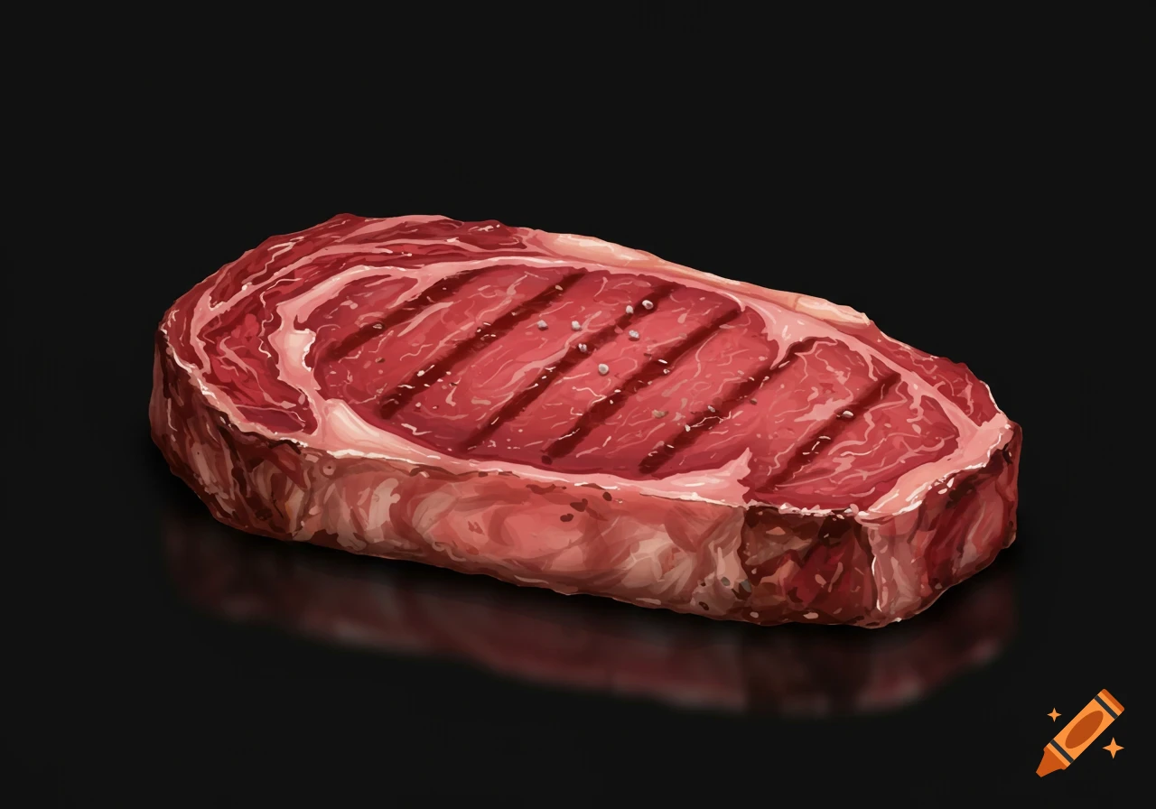 An isolated raw ribeye steak with grill marks and visible salt flakes, set against a dark background.