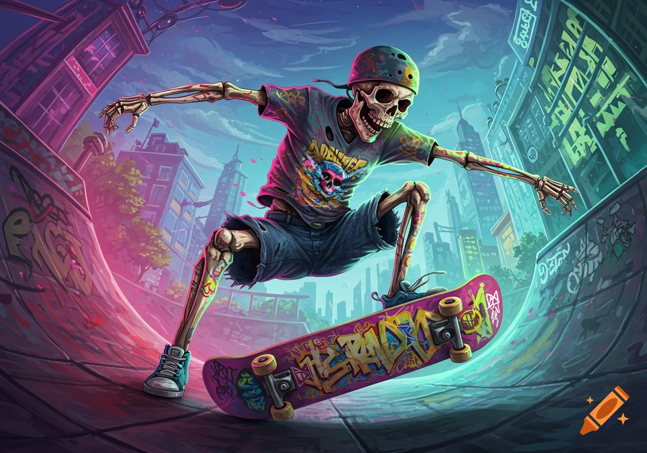 A vibrant, stylized illustration of a skeleton in a helmet and torn clothes performing a trick on a graffiti-covered skateboard in an urban skatepark.