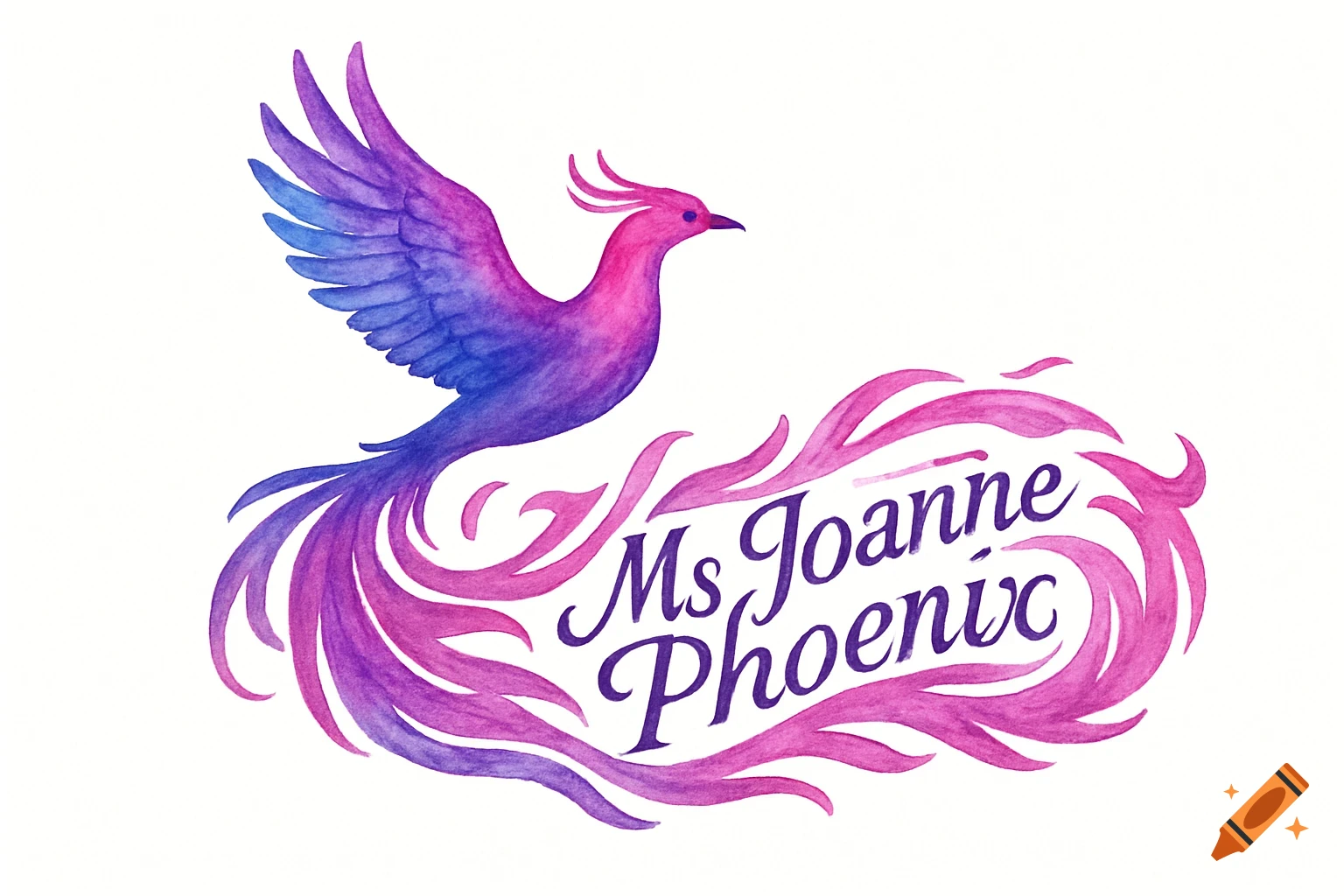 A watercolor-style phoenix in pink, purple, and blue with its tail forming flames around the text "Ms Joanne Phoenix"