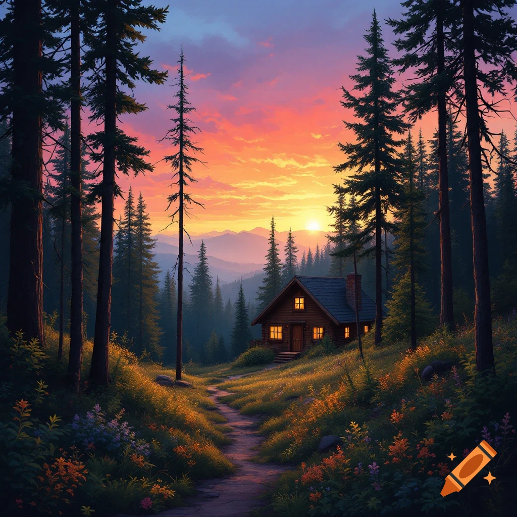 A cozy log cabin in a lush forest with a path leading to it, bathed in the warm glow of a vibrant sunset.