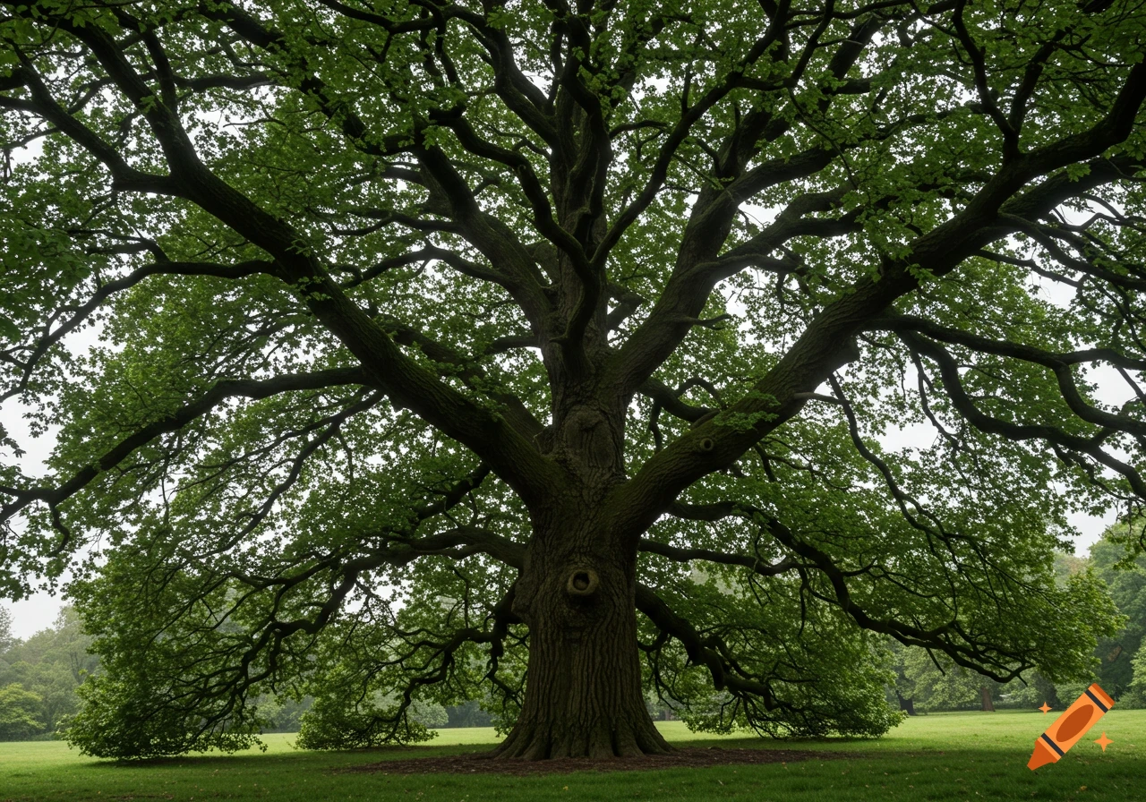 A majestic oak tree with sprawling branches and green leaves stands in a grassy park on an overcast day, photorealistic.