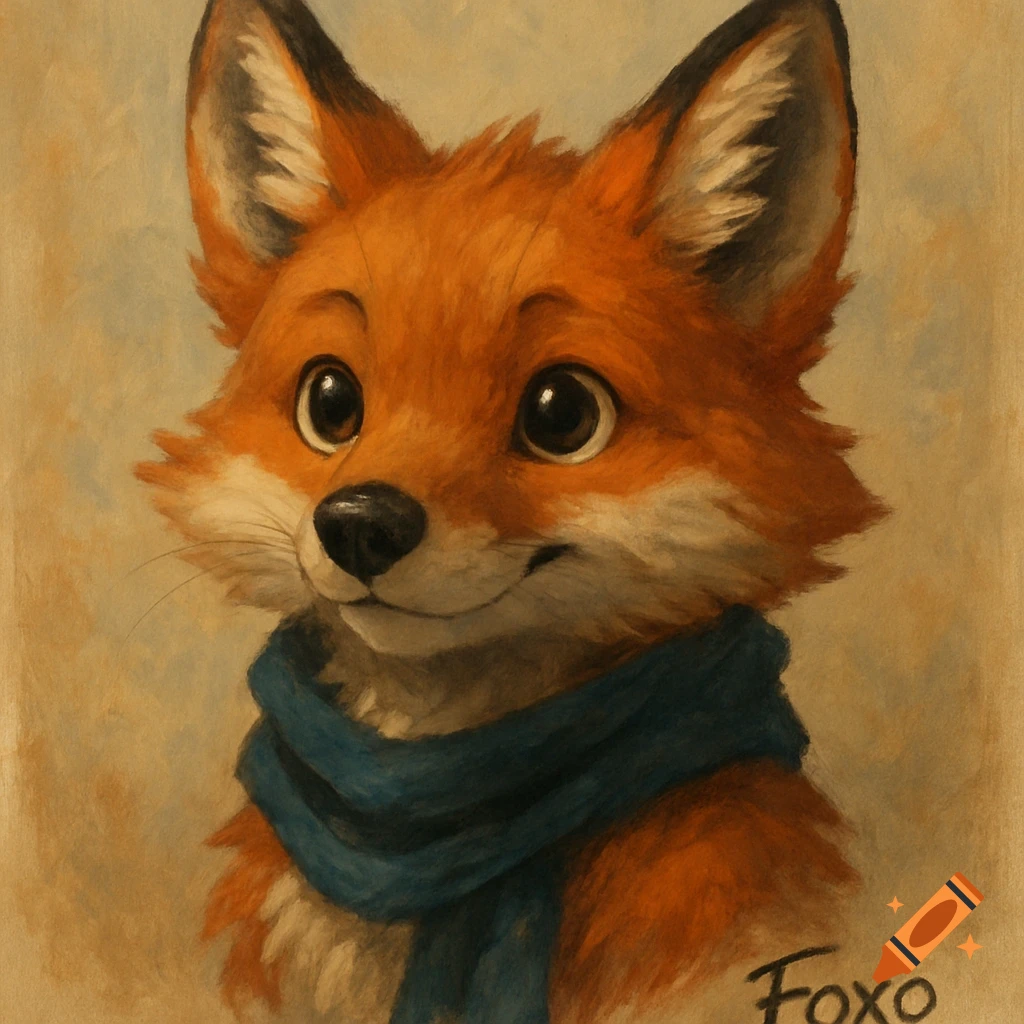 A cute, cartoon-style red fox with big eyes and a blue scarf, depicted in a painterly portrait.