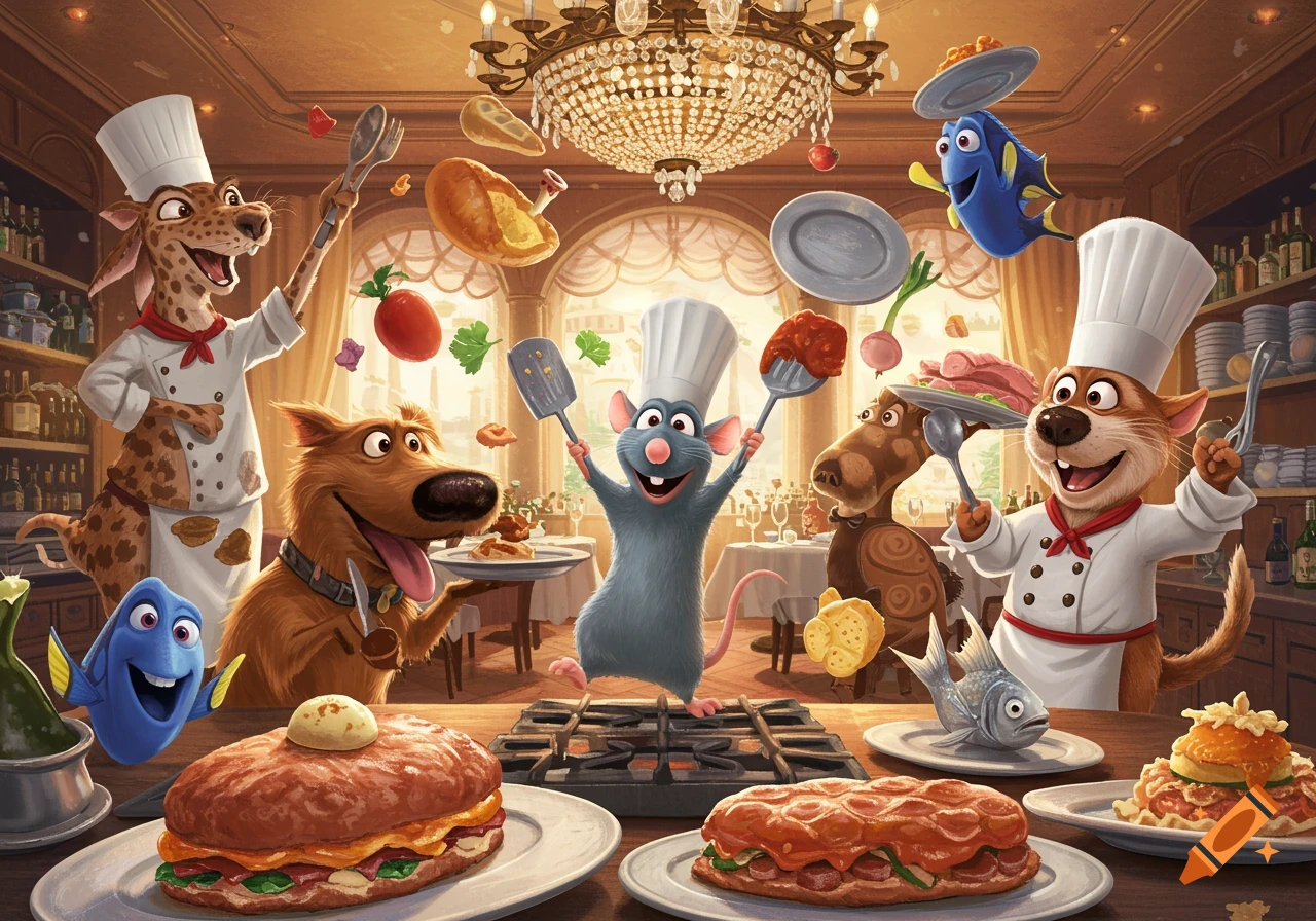 Lively cartoon of Ratatouille, Dug, Dory, and other Pixar animals cooking in an upscale restaurant kitchen.