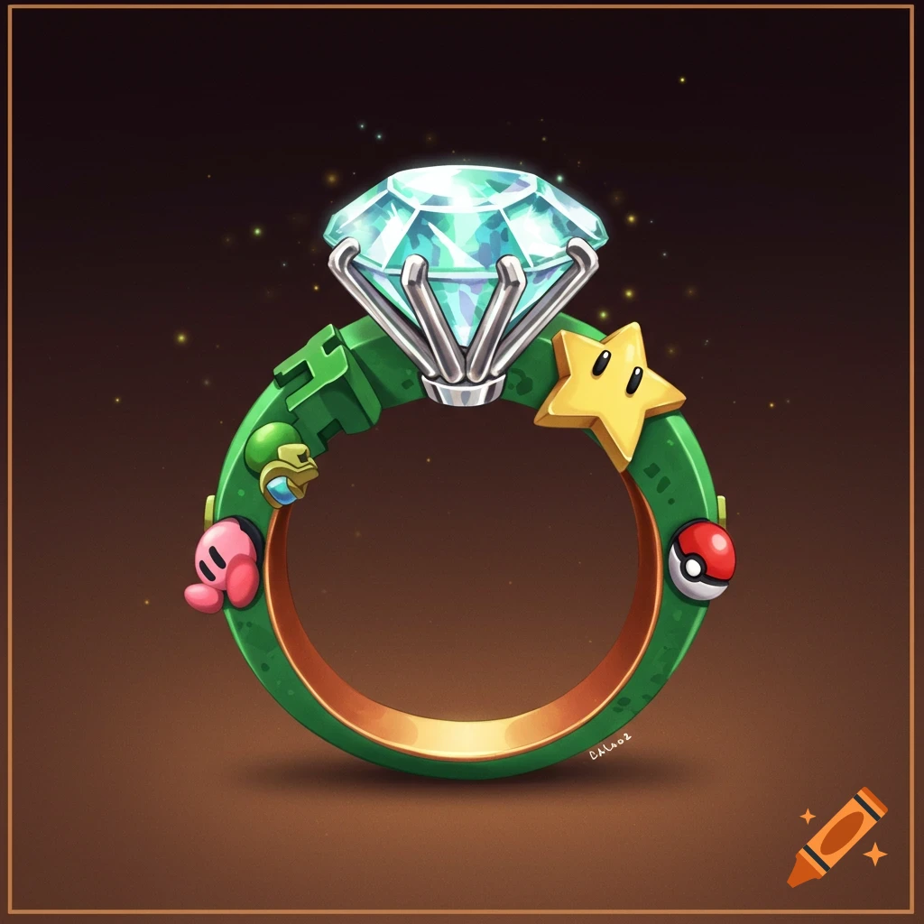 A stylized engagement ring with a large diamond. The green band features block-like Minecraft designs and charms of a Mario star, a pink Kirby, and a Pokeball.