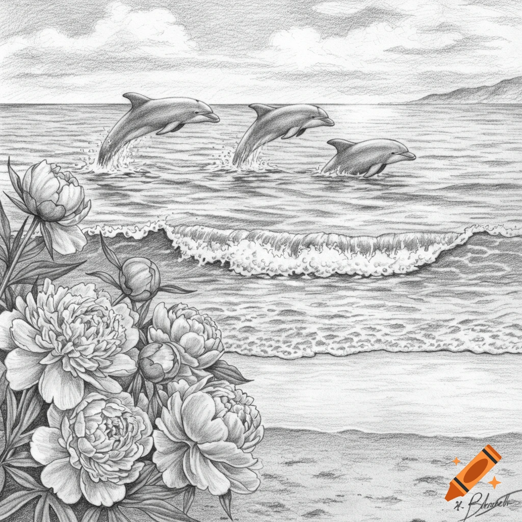 A detailed pencil drawing of three dolphins leaping from the ocean waves near a sandy beach, with a cluster of blooming peonies in the foreground.