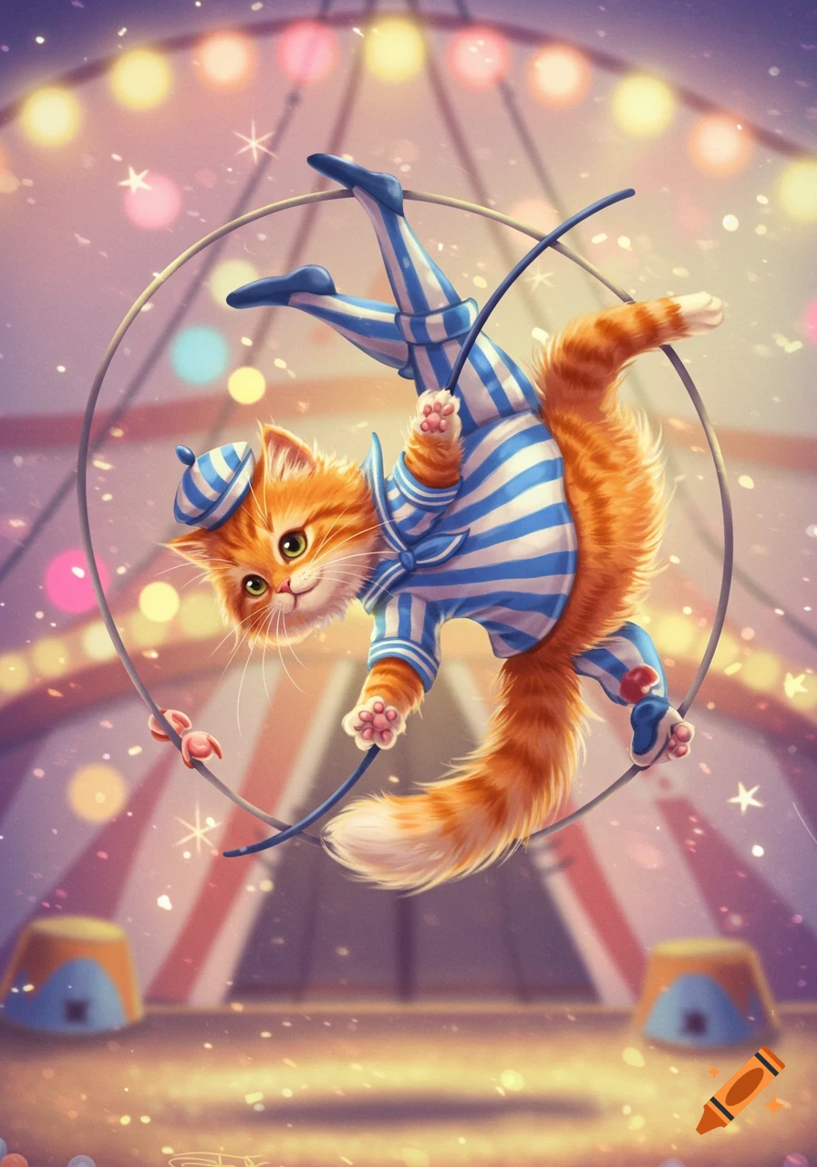 A cute orange tabby cat in a blue and white striped sailor suit performs acrobatics on a hoop inside a colorful circus tent. Illustrated style.