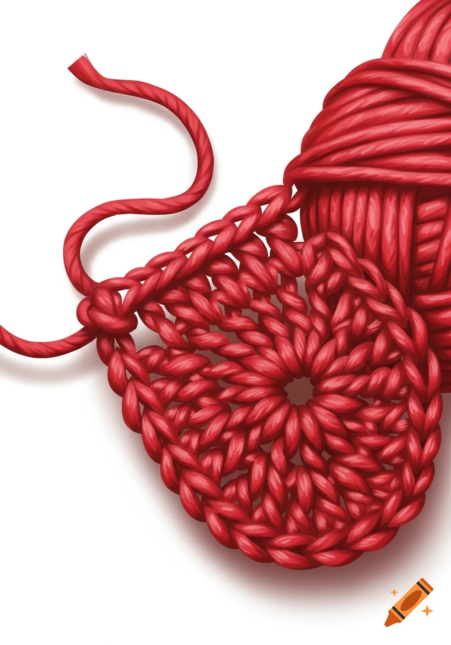 Close-up of red yarn being crocheted into a circular pattern with a ball of yarn in the background.