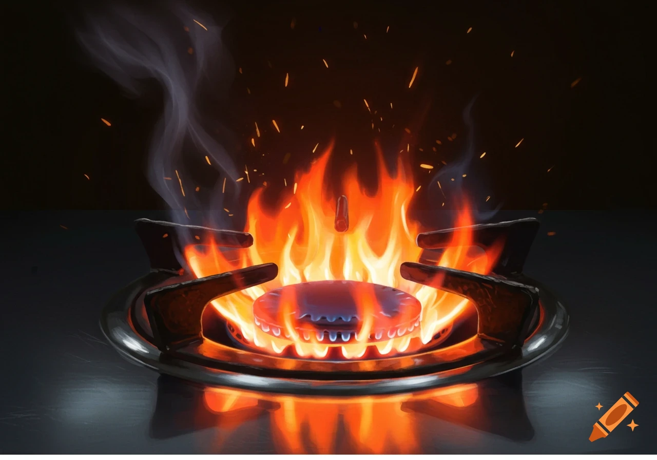 A close-up of a gas stove burner with large, bright orange and blue flames and sparks against a dark background.