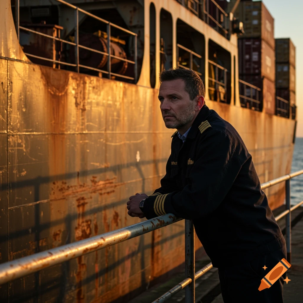 A male ship captain in a naval jacket leans on a railing, looking out ...