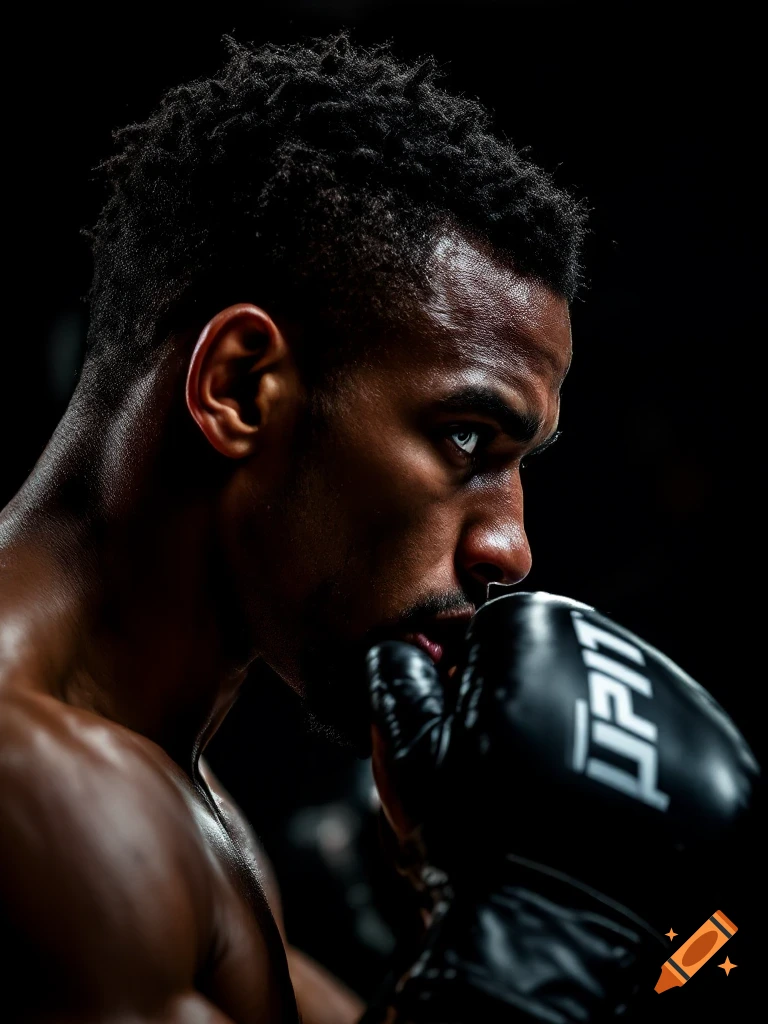 Close-up photorealistic portrait of a male MMA fighter in a boxing stance, wearing a glove, looking intense.