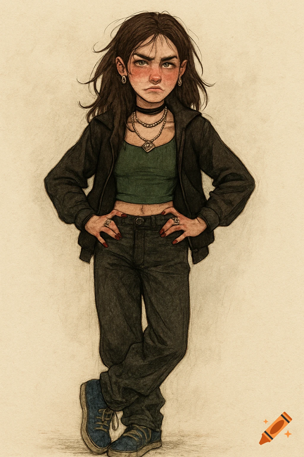 A stylized pencil drawing of a frowning teenage girl with dark hair, wearing a green crop top, black jacket, and baggy jeans, standing with hands on hips.