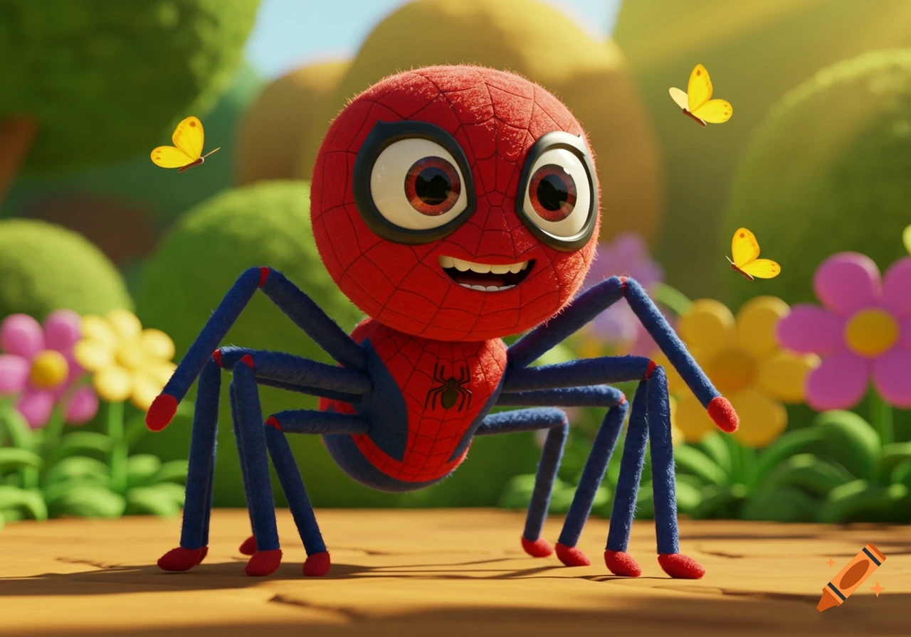 A smiling, cartoon red spider with blue legs, styled like Spider-Man, stands in a vibrant Pixar-style garden with flowers and butterflies.