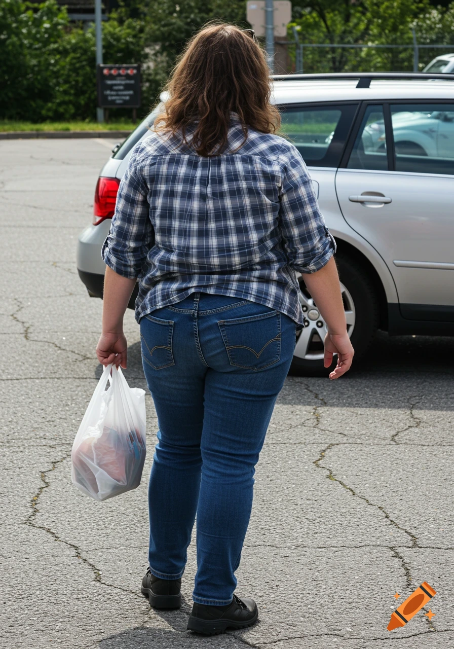 Woman in plaid shirt and jeans walking away from a silver car in a parking lot, holding a plastic bag.