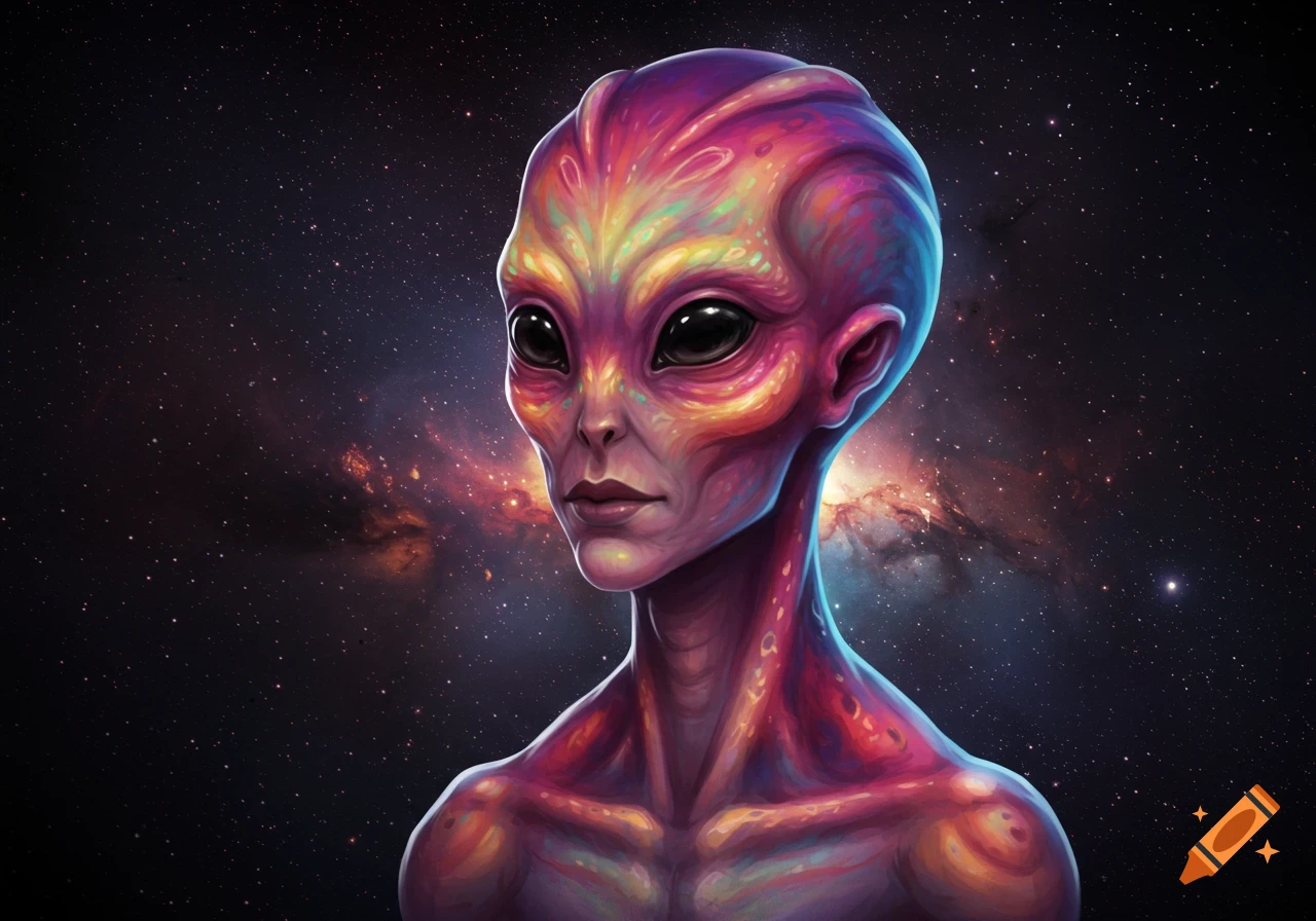 A vibrant, multi-colored alien with large black eyes and humanoid features, digitally painted against a starry cosmic background with a nebula.