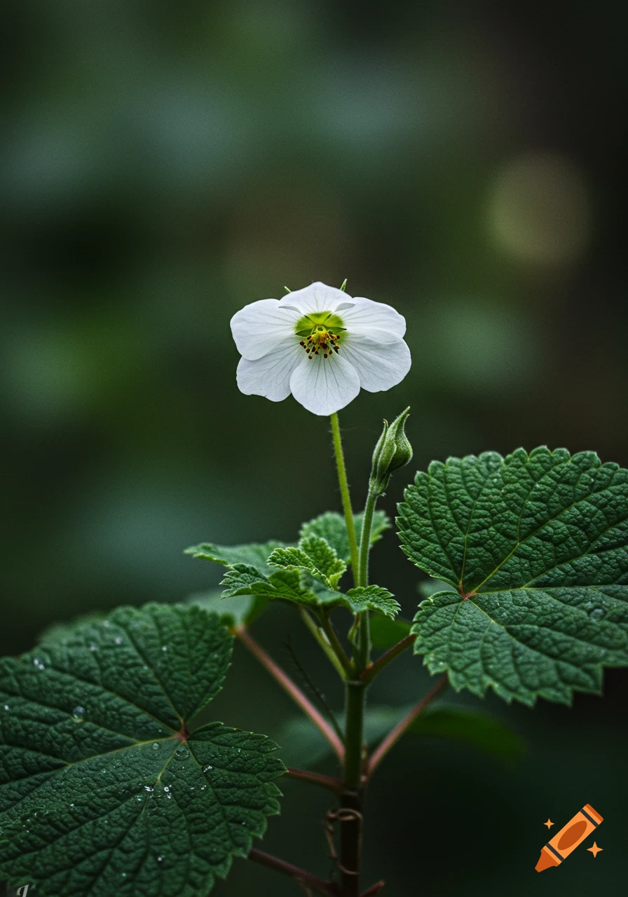 A detailed close-up photograph of a single white flower with green leaves and a bud against a blurred dark green background.
