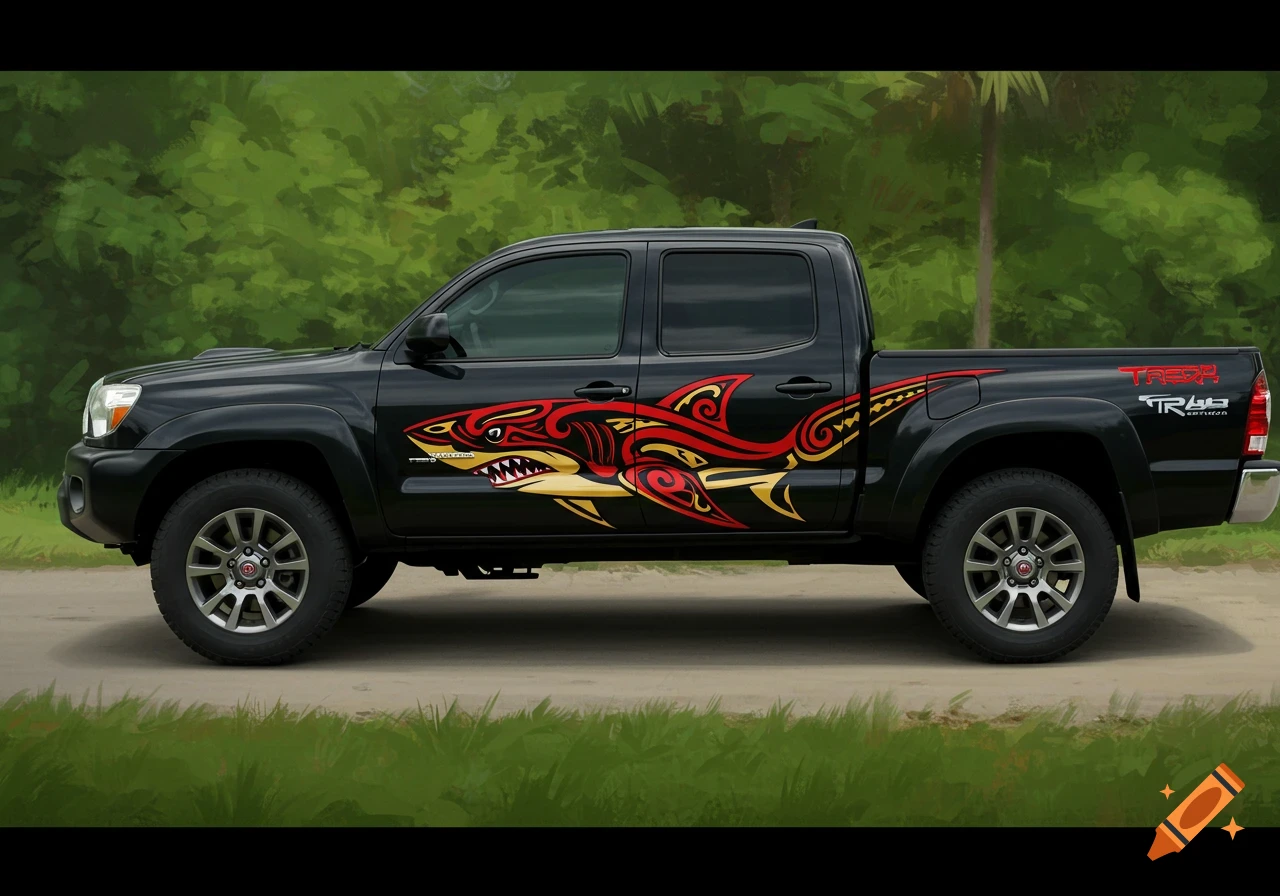 A black Toyota Tacoma pickup truck with a large red and yellow tribal shark decal on its side, parked on a dirt road.