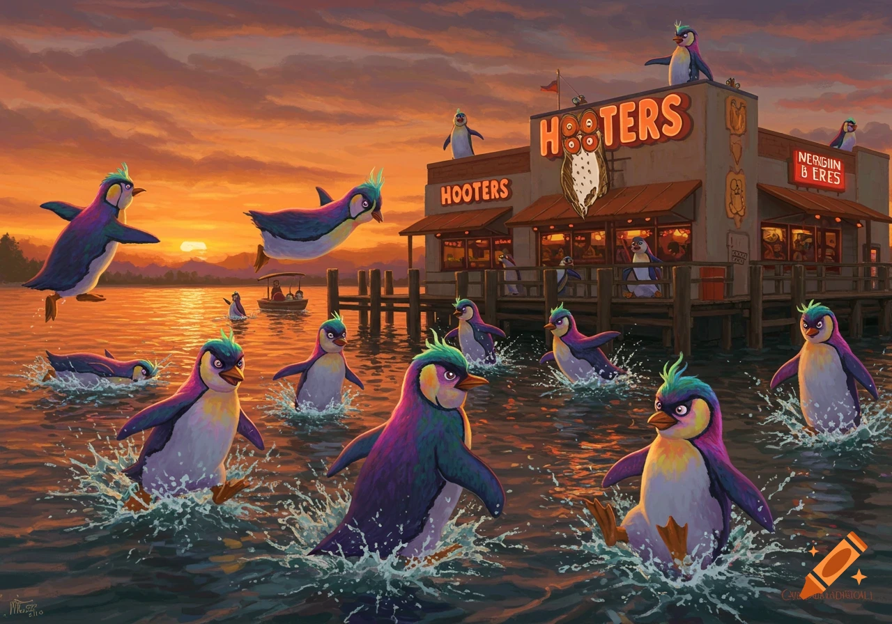 Angry rainbow penguins splash in the water near a Hooters restaurant at sunset, some flying or standing on the building.