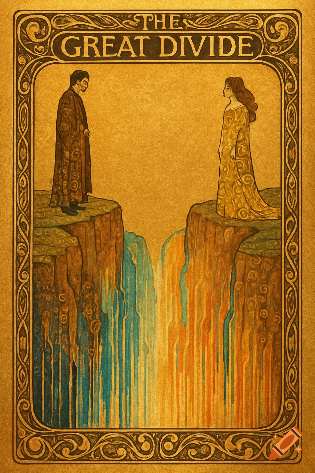 Art Nouveau illustration titled 'The Great Divide' with a male and female figure on opposite cliffs of a canyon, on a hammered copper background.