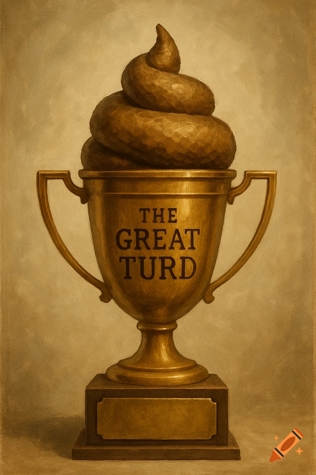 A painterly image of a gold trophy with a swirled pile of brown feces on top, engraved with 'THE GREAT TURD'.