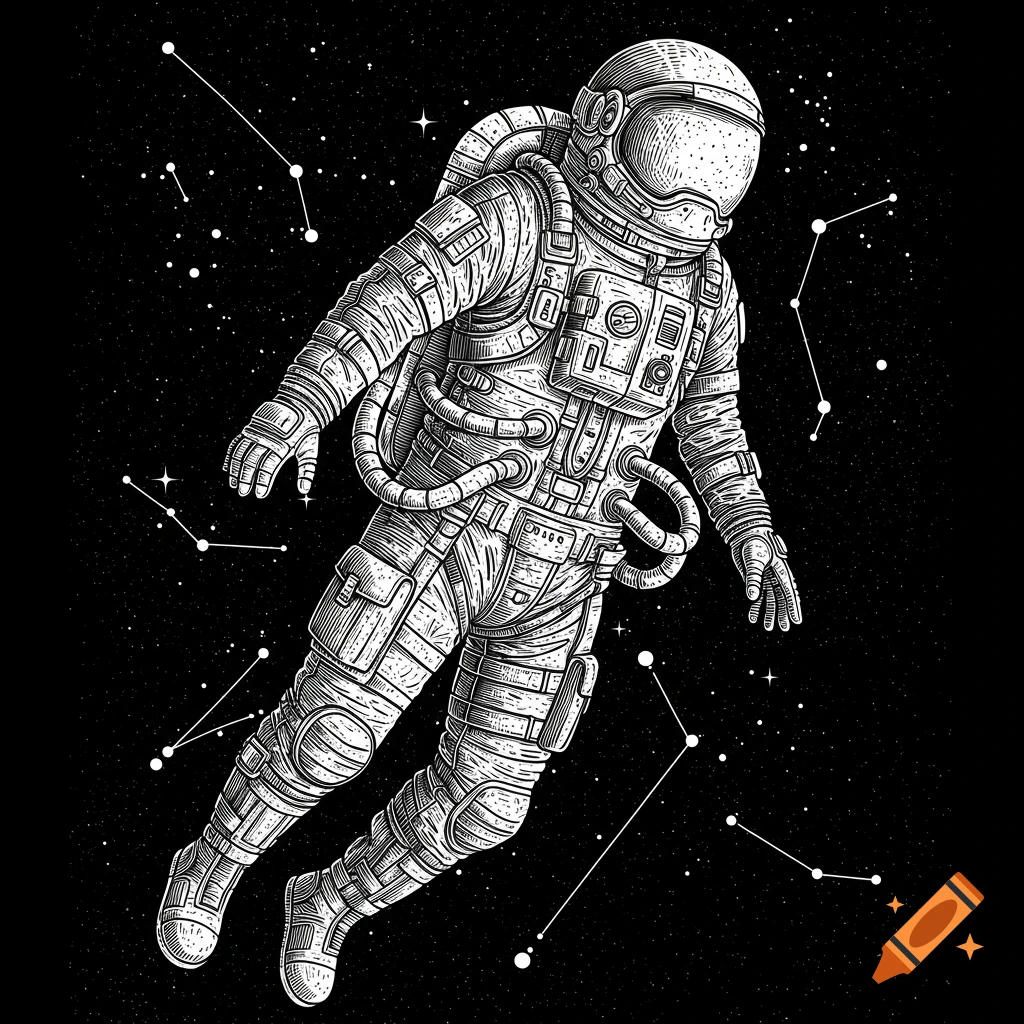 Detailed black and white line art engraving of an astronaut floating in space amidst stars and constellations.