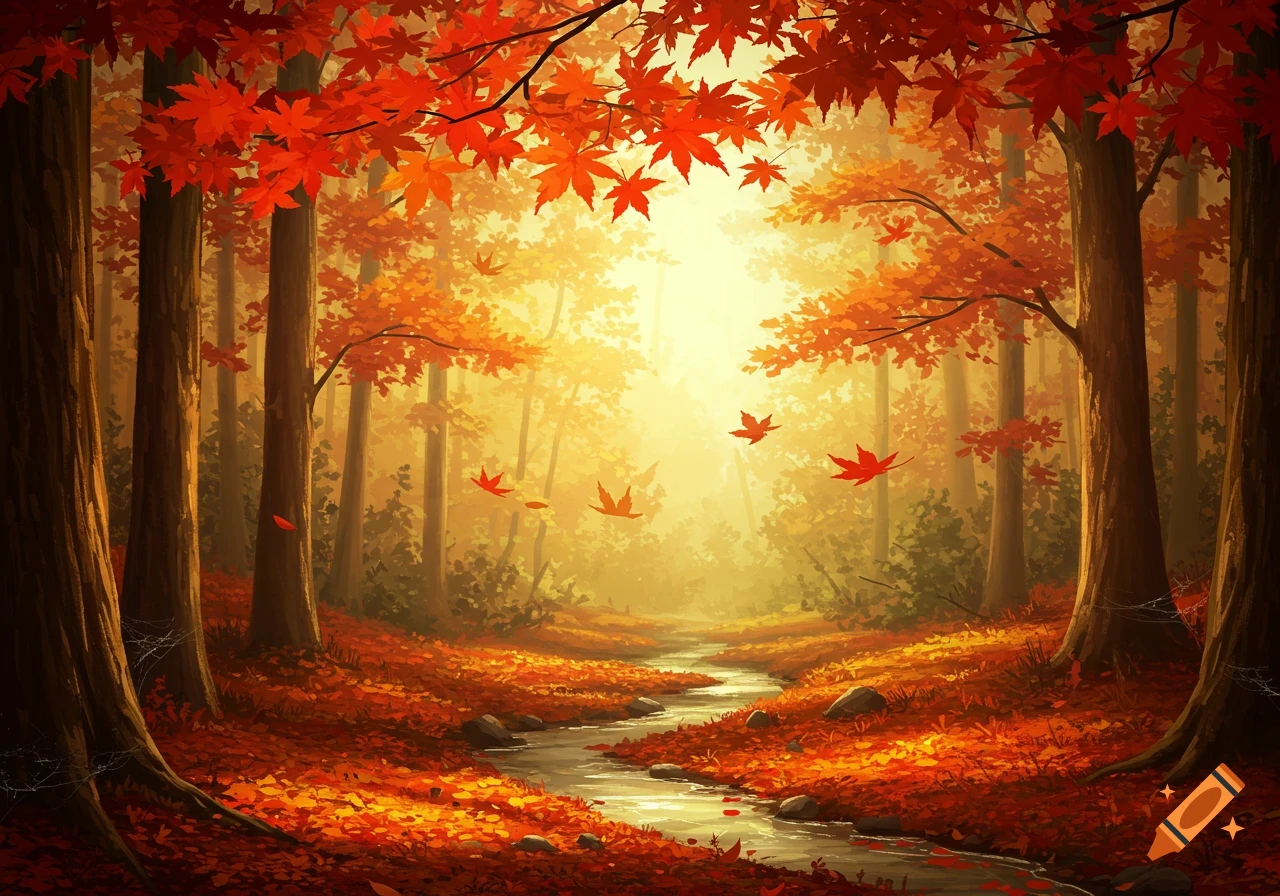 A vibrant autumn forest with a winding stream, red and orange leaves covering the ground, and warm sunlight filtering through trees.