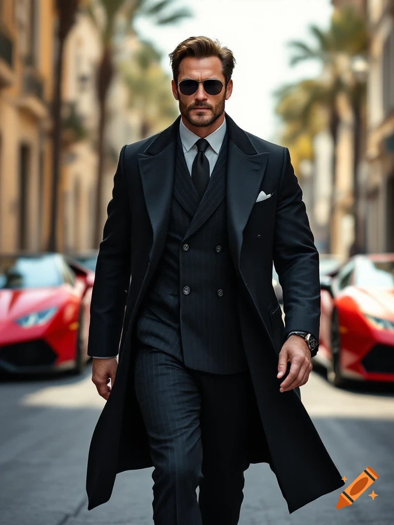 A stylish man in a black coat and pinstripe suit, wearing sunglasses, walks confidently on a city street with red luxury cars in the background.