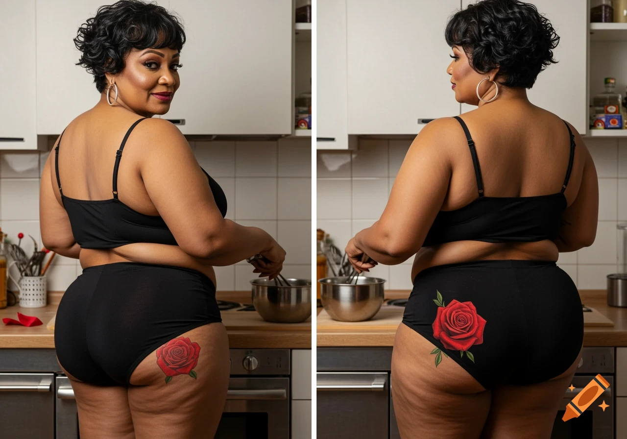Photorealistic image of a plus-size woman in black bra and boy shorts, wearing a rose tattoo, stirring a pot in a kitchen.