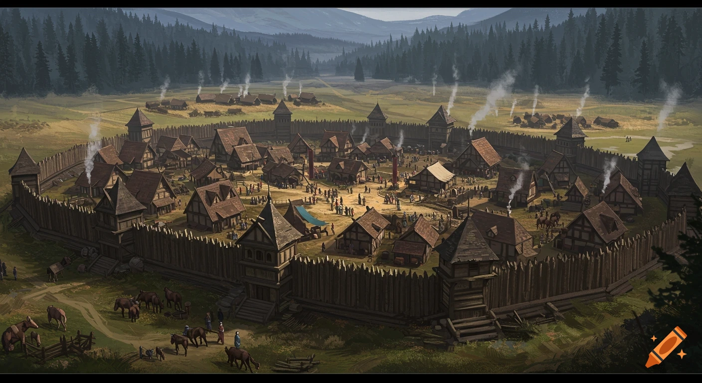 An aerial view of a medieval village fortified by wooden palisade walls, nestled in a valley with surrounding farms and dense pine forests under a hazy sky.