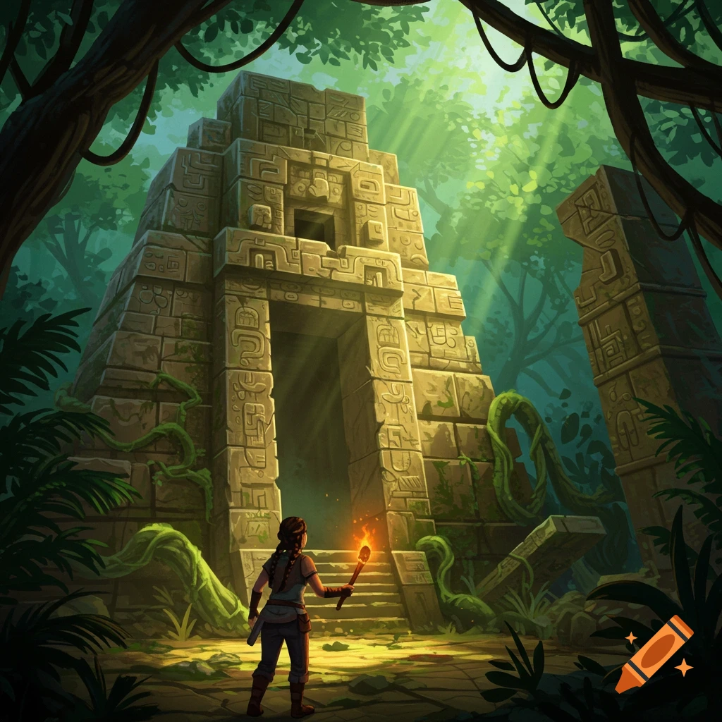 A person with a torch explores an ancient stone temple covered in vines, illuminated by sunlight filtering through a dense jungle canopy.